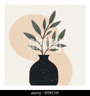 Botanical Still Life with Black Vase and Green Leaves, Vector Illustration. Minimalist Wall Art. Abstract Botanical Print. Boho Home Decor, Plant Stock Vector