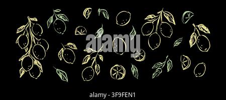 Lemon freehand chalk drawing on the blackboard. Crayon scribbles on the black background. Line sketch doodle vintage vector illustration. Limoncello d Stock Vector