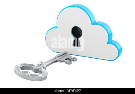 Secure cloud access and data protection concept. Key and cloud with keyhole. 3D rendering isolated on white background Stock Photo