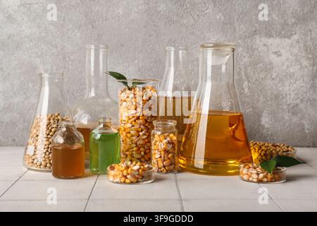 Soybeans and corn kernels in laboratory glassware with various liquid extracts for agricultural research, this setup represents agricultural research Stock Photo
