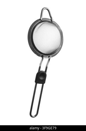 Small metal kitchen sieve with a black handle for sifting flour or straining tea, isolated, this essential culinary utensil is isolated on a clean whi Stock Photo