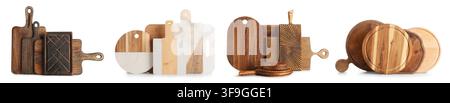 Various wooden and marble cutting boards on white background Stock Photo