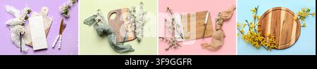 Four spring-themed flat lay compositions with cutting boards, flowers, and textiles on pastel backgrounds Stock Photo