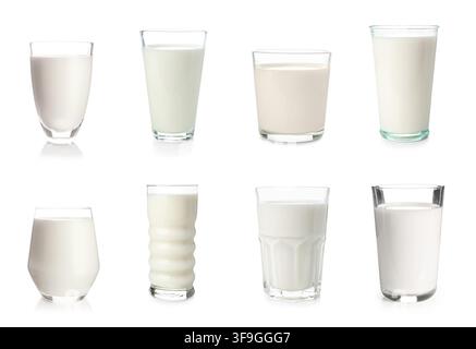 Eight glasses of fresh milk in various clear glass designs, healthy dairy beverage for breakfast and nutrition, isolated on a white background Stock Photo