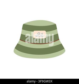 Olive green striped bucket hat with patch vector illustration. Minimalist casual summer sun hat isolated on white background Stock Vector