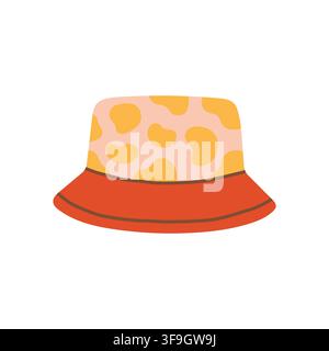 Yellow cow print bucket hat with red brim vector illustration. Trendy summer sun protection hat isolated on white background Stock Vector