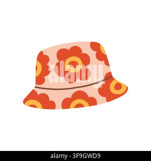 Pink and orange flower print bucket hat vector illustration. Retro 70s summer beach sun hat isolated on white background Stock Vector