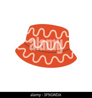 Red orange bucket hat with wavy pink stripes vector illustration. Modern summer beach sun hat isolated on white background Stock Vector