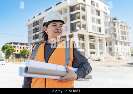 A middle-aged Caucasian woman wearing a hard hat and orange safety vest stands on a construction site, holding blueprints. A building is under constru Stock Photo