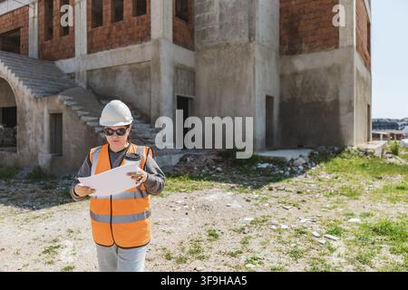 Woman builder in a hard hat and orange safety vest examines blueprints at a construction site. A partially built concrete structure is in the backgrou Stock Photo