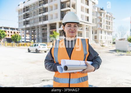 A young Hispanic woman wearing a hard hat and orange safety vest holds blueprints at a construction site with buildings in the background Stock Photo