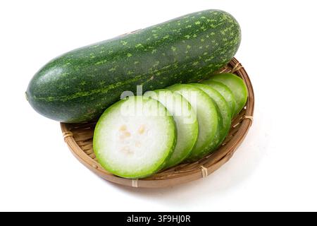 Whole and Sliced Small Green Wax Gourd Isolated on White Stock Photo
