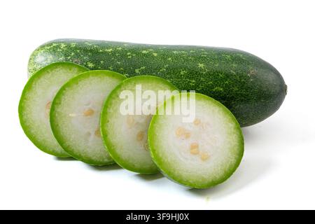 Whole and Sliced Small Green Wax Gourd Isolated on White Stock Photo