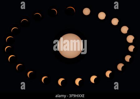 Aerial view of a composite sequence showing the progression of a solar eclipse against a dark sky in Mulhouse, Grand Est, France. Stock Photo