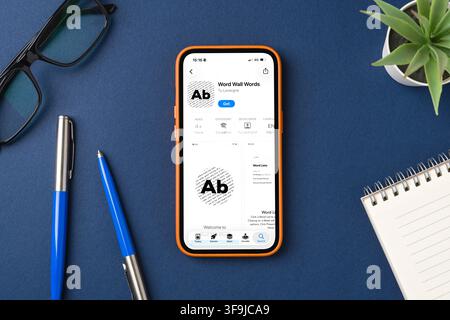 Antalya, Turkey - August 14, 2026: Smartphone displaying Wordwall app on modern educational workspace Stock Photo