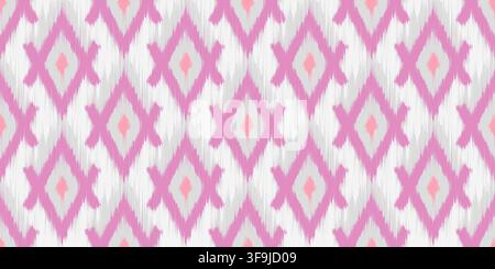Ikat seamless pattern with pink rhombus. Ethnic abstract geometric rug textured background. Tribal print for oriental style textile and fabric. Stock Vector