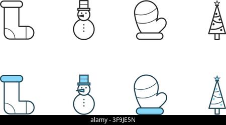 Minimal Christmas winter icon set featuring stocking snowman mitten and tree in outline and light blue styles for seasonal holiday design. Stock Vector
