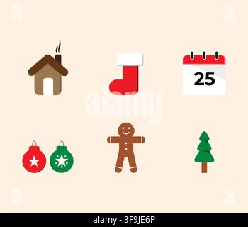Colorful minimalist Christmas set featuring house, stocking, calendar, ornaments, gingerbread man, and pine tree icons for seasonal holiday design. Stock Vector