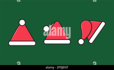 Set of red Santa Claus hats with white fur trim on green background, perfect for holiday decorations, cards, and seasonal creative designs. Stock Vector