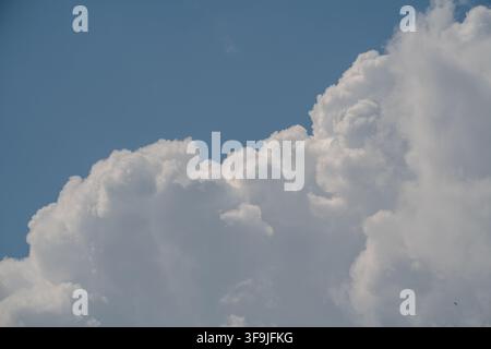 Large fluffy clouds fill the sky on a warm afternoon. The sun shines brightly, casting shadows on the white clouds. The scene shows clear blue above w Stock Photo