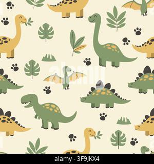 Cute dinosaur seamless pattern background with cartoon, leaves, and footprints for kids textile and wallpaper design. Stock Vector