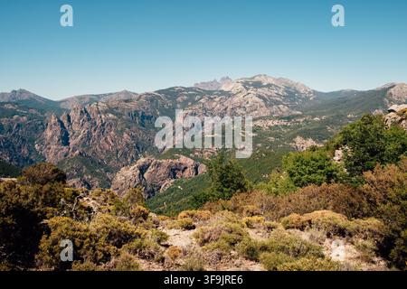 Impressive landscape of rocks in the mountains of Corsica in Summer Stock Photo