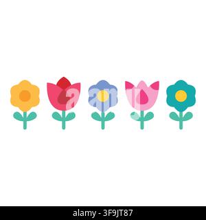 Set of colorful simple flowers blooming in row for floral spring pattern decoration and design elements Stock Vector