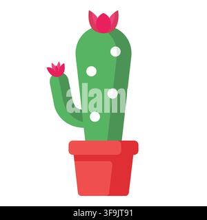 Saguaro cactus in red flowerpot blooming with magenta flowers isolated on white background flat icon Stock Vector