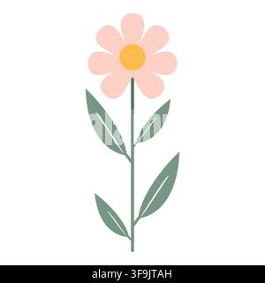 Pink simple daisy flower blooming on green tall stem with leaves isolated on white background flat icon illustration Stock Vector