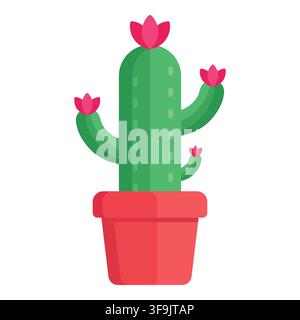 Green desert cactus plant in red pot blooming with pink flowers isolated on white background flat icon Stock Vector