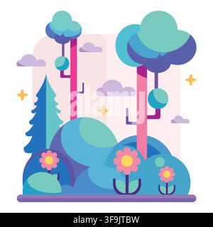 Magic colorful forest landscape with trees pink flowers and clouds illustration background Stock Vector