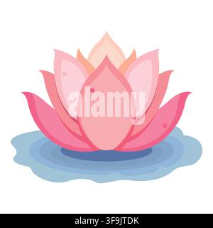 Pink lotus lily flower floating on blue water pool surface flat icon illustration Stock Vector