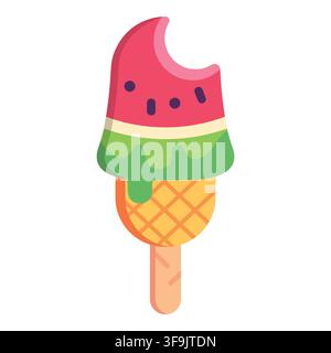 Watermelon ice cream popsicle on stick with bite icon for summer sweet frozen dessert food snack Stock Vector