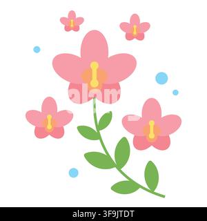 Branch of pink orchid flowers blooming with green leaves isolated on white background flat icon Stock Vector