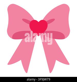 Pink ribbon bow with red heart center flat icon for love Valentine or gift decoration Stock Vector