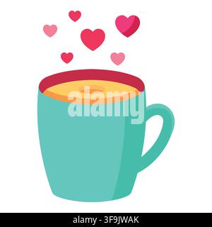 Hot coffee cup with floating hearts flat icon for morning love or cozy Valentine moment Stock Vector