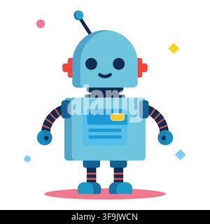 Cute friendly blue robot character vector illustration isolated on white background Stock Vector