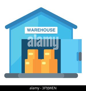 Blue warehouse building with cargo cardboard boxes icon vector illustration isolated on white background Stock Vector