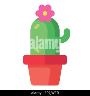 Cute green cactus plant with pink flower in red pot icon vector illustration isolated on white background Stock Vector
