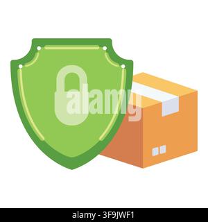 Secure parcel package delivery with green shield and lock icon vector illustration isolated on white background Stock Vector