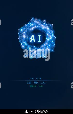 Futuristic AI assistant mobile app screen interface with glowing neural network visualization. Abstract artificial intelligence concept virtual assistant application design. Copy space Stock Photo
