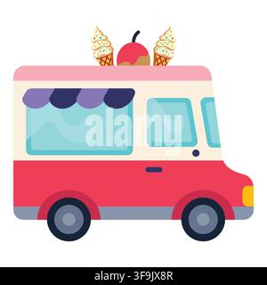 Cute red and white ice cream truck food van vector illustration isolated on white background Stock Vector