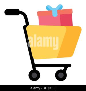 Yellow shopping cart carrying gift box icon vector illustration isolated on white background Stock Vector