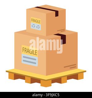Stack of cardboard boxes labeled fragile on a wooden shipping pallet, logistics concept Stock Vector