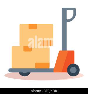 Flat design illustration of a pallet jack carrying stacked cardboard boxes in warm orange and grey tones Stock Vector