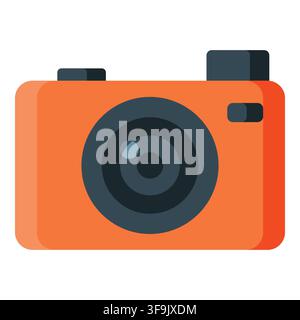 Simple orange digital camera icon with dark gray lens and buttons on white background Stock Vector