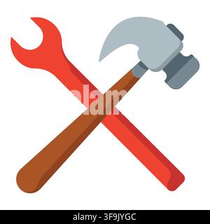Red wrench and hammer crossed on white background, symbolizing repair and construction Stock Vector