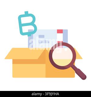 Flat design illustration of a magnifying glass examining a box with a currency symbol and documents Stock Vector