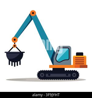 Flat design excavator with a grabber bucket, teal and orange construction vehicle Stock Vector