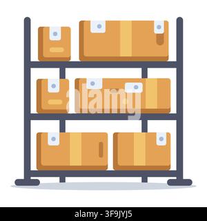 Flat design illustration of a warehouse shelving unit filled with cardboard boxes Stock Vector
